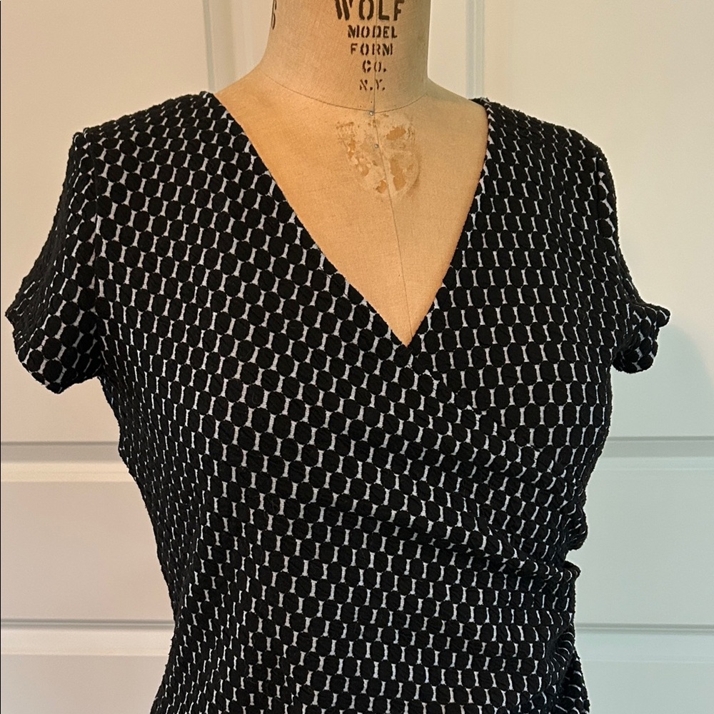 Faux Wrap Black and Grey Geometric MIDI Dress